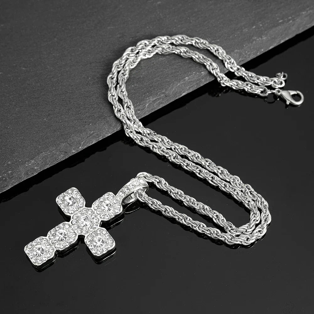Silver hip hop cross pendant necklace men with braided 4mm tennis chain iced with sparkling rhinestones
