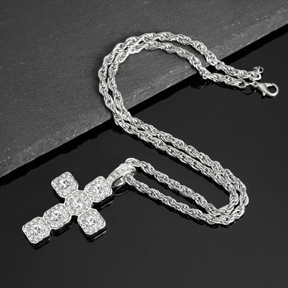 Silver hip hop cross pendant necklace men with braided 4mm tennis chain iced with sparkling rhinestones