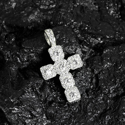 A sparkling silver hip hop cross pendant necklace men with clear crystals on a tennis chain iced design