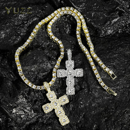 Gold and silver diamond-encrusted hip hop cross pendant necklace men with 4mm rhinestone tennis chain iced design