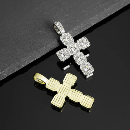 Silver and gold-tone hip hop cross pendant necklace men with clear crystals and textured iced tennis chain design