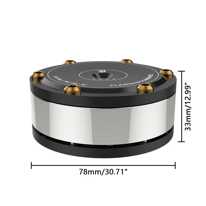 Black and silver cylindrical speaker with gold mounting screws featuring audiophile shock damping and amplifier spike stand for hifi isolation