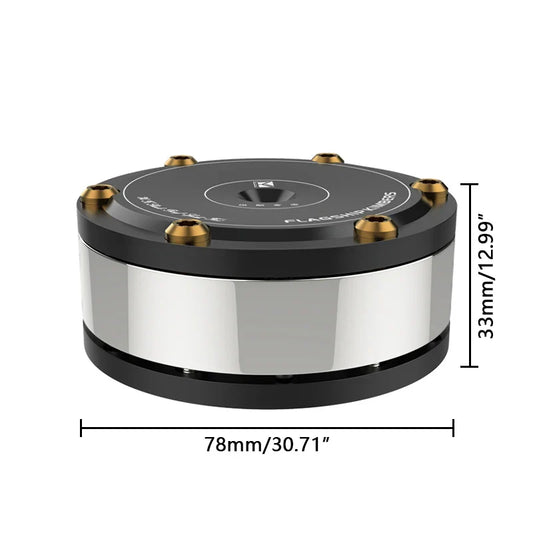 Black and silver cylindrical speaker with gold mounting screws featuring audiophile shock damping and amplifier spike stand for hifi isolation