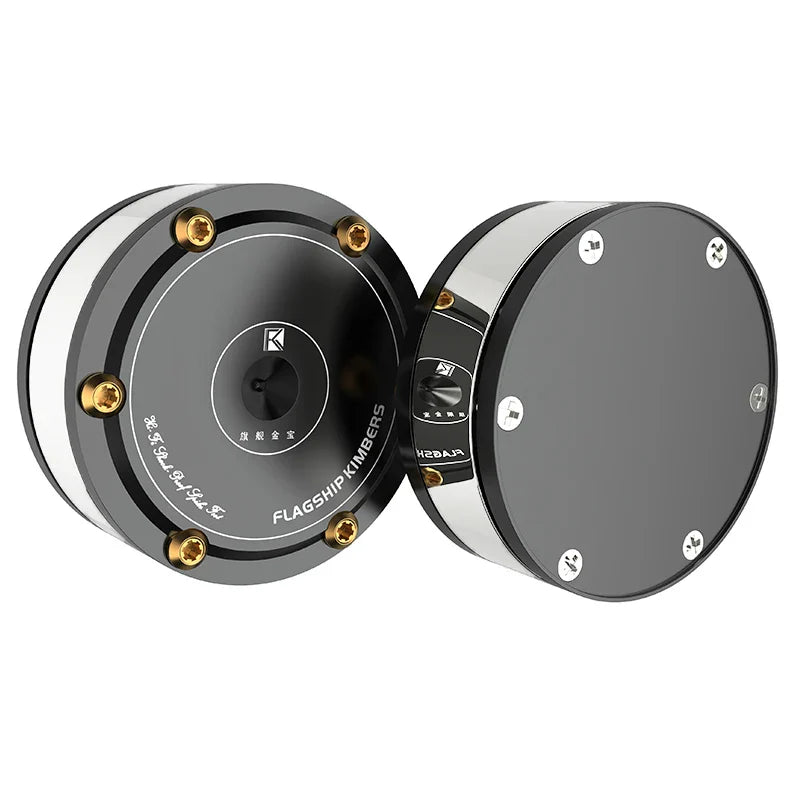 Black and silver flagship kimbers circular audio speakers with gold screws and audiophile shock damping amplifier spike stand