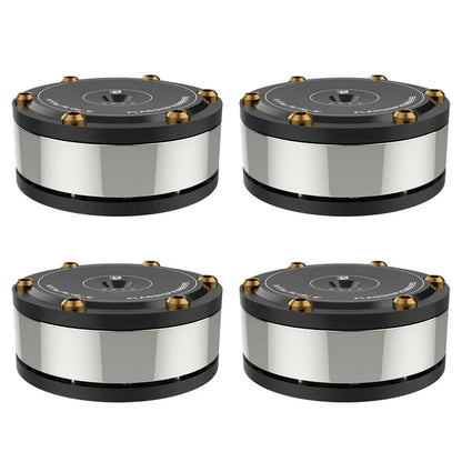 Set of four black and silver cylindrical subwoofers with gold bolts featuring audiophile shock damping and amplifier spike stand