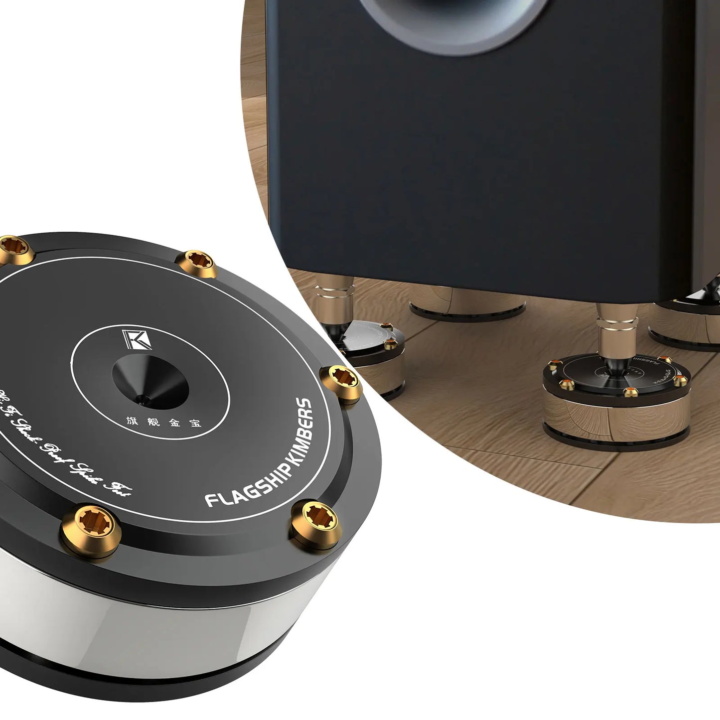 Black and silver flagship kimbers audiophile shock damping amplifier spike stand with gold-colored screws for stand hifi isolation