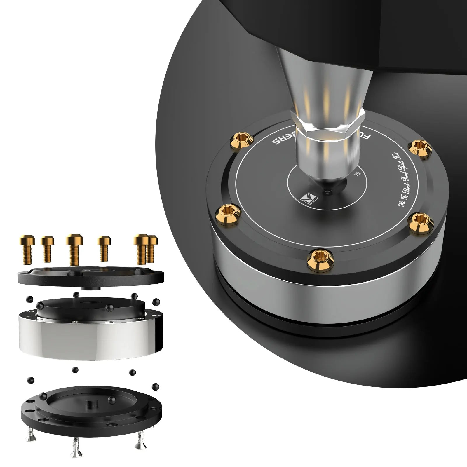 Black and silver precision-engineered rotary stage with gold screws for audiophile shock damping and amplifier spike stand hifi isolation