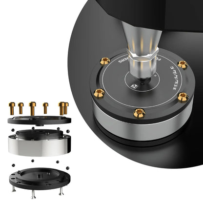 Black and silver precision-engineered rotary stage with gold screws for audiophile shock damping and amplifier spike stand hifi isolation