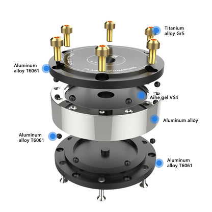 Black and gold titanium alloy gr5 and aluminum alloy t6061 amplifier spike stand with audiophile shock damping and hifi isolation feet