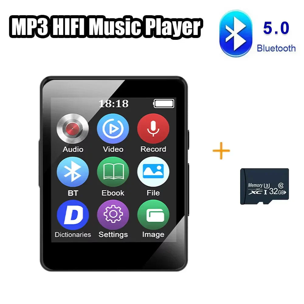 Black rectangular mp3 touch screen hifi player with built-in speaker bluetooth 5.4 and 32gb microsd support recording