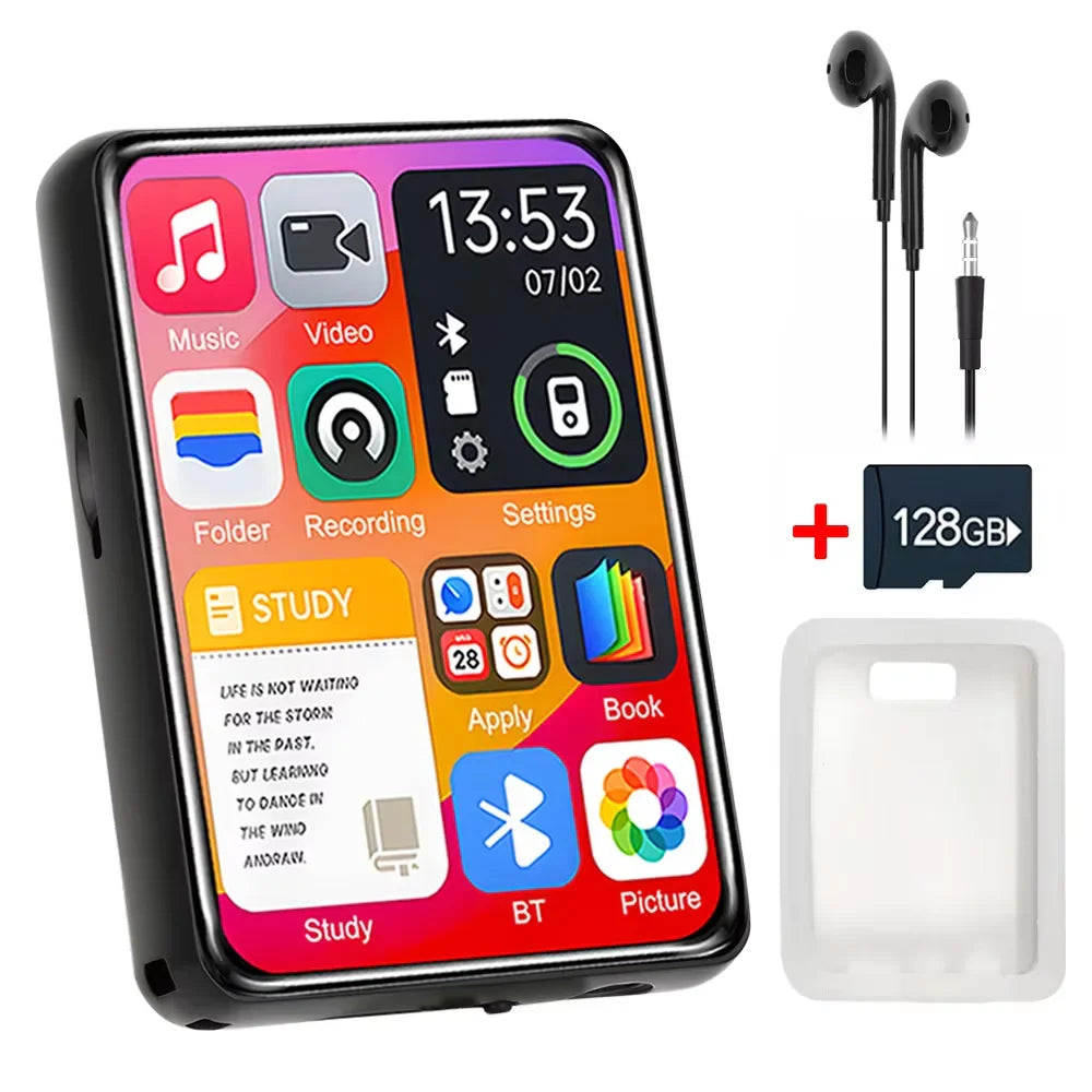 Black rectangular mp3 player with colorful touch screen hifi display showing support recording features and built-in speaker
