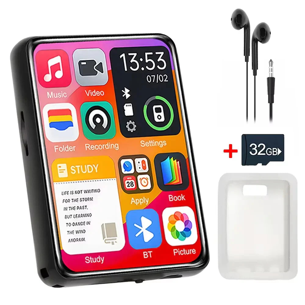 Black rectangular 2025 new mp3 player with touch screen hifi display showing time 13 53 and support recording built-in speaker