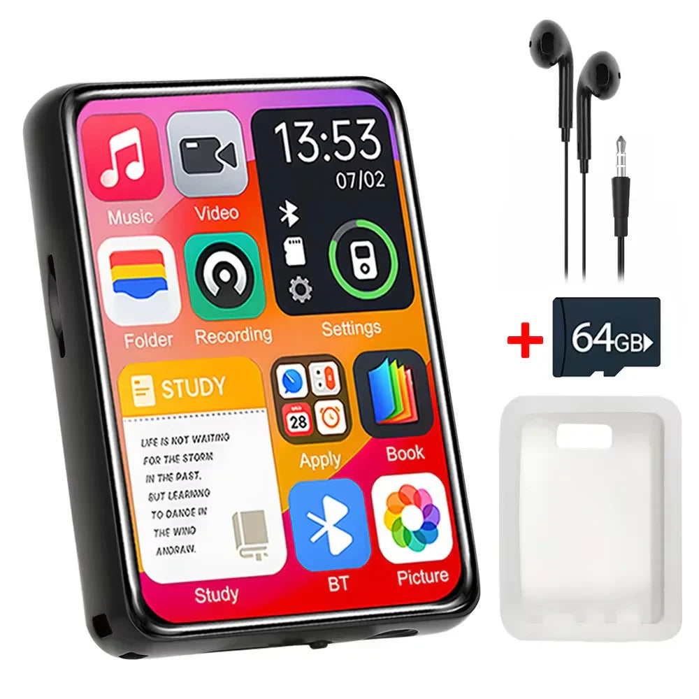 Black rectangular portable mp3 player with touch screen hifi, built-in speaker, 32gb, and support recording features