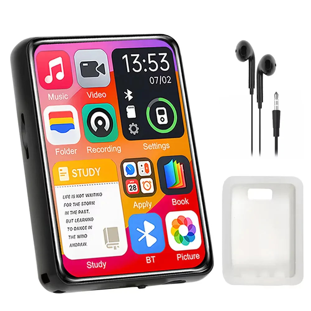 Black rectangular portable mp3 player with touch screen hifi, built-in speaker, support recording, and colorful display