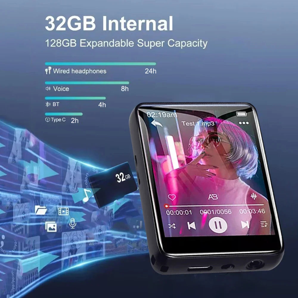 Black rectangular 2025 new MP3 player with touch screen hifi, built-in speaker, support recording, and 32GB storage