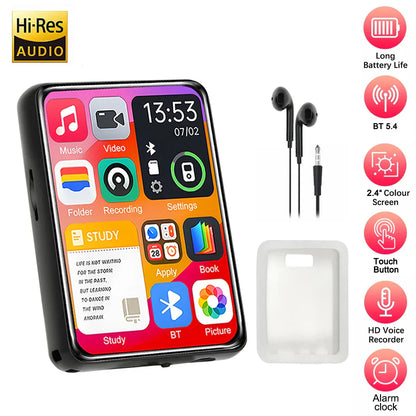 Black rectangular 2025 new mp3 player with touch screen hifi, built-in speaker, support recording, earphones, and clear case
