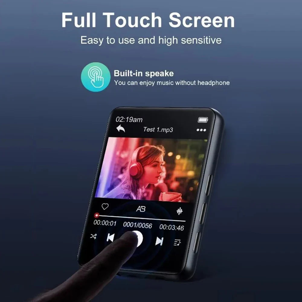 Black rectangular portable mp3 player with touch screen hifi built-in speaker and support recording features