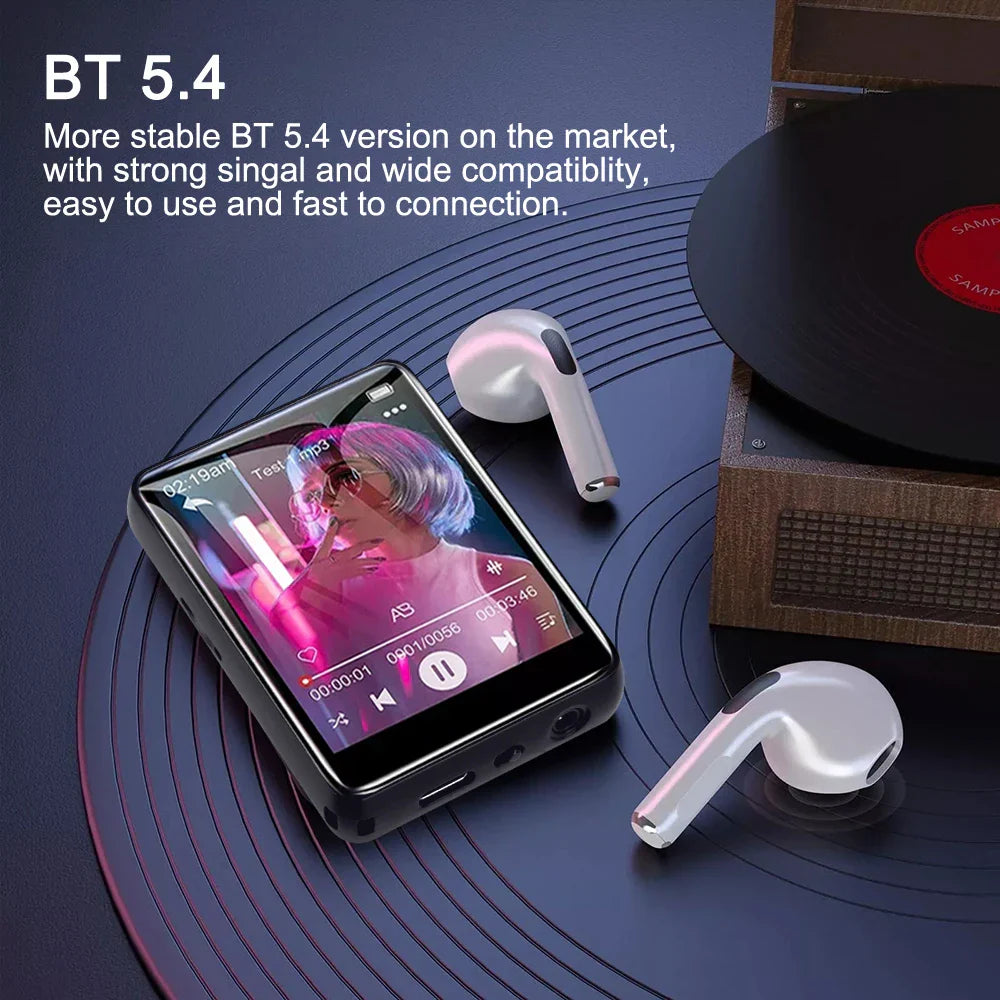 Black rectangular mp3 player with touch screen hifi display support recording built-in speaker next to white earbuds