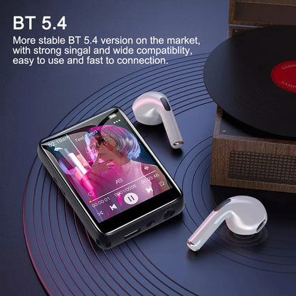 Black rectangular mp3 player with touch screen hifi display support recording built-in speaker next to white earbuds