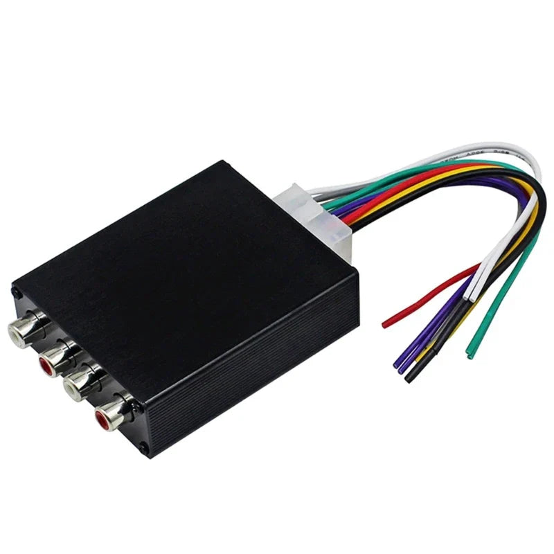 Black rectangular multifunction sound converter with four rca jacks and colorful wires for recording studios use
