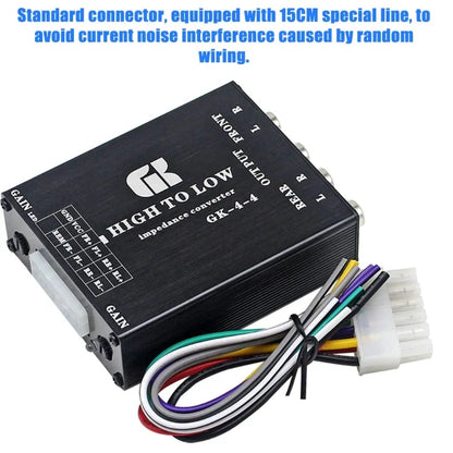 Black rectangular gk-4-4 multifunction sound converter with silver audio connectors and colored wires for recording studios