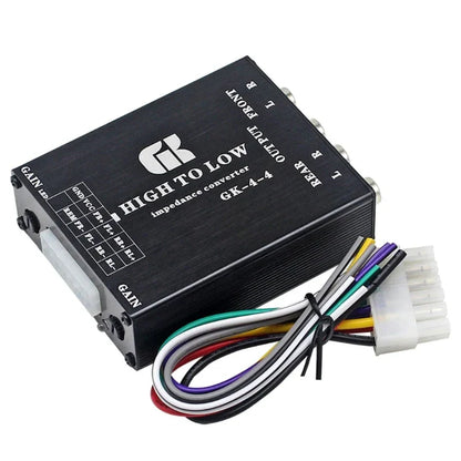 Black rectangular gk-4-4 multifunction sound converter with silver audio jacks and multicolored wires for recording studios