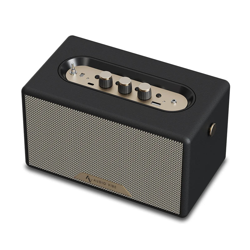 Black 60w retro wood speaker with textured silver grille and metallic knobs for vintage portable deep bass sound