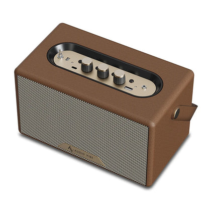 Brown retro wood speaker with textured fabric grille and metallic knobs 60w vintage portable deep bass product