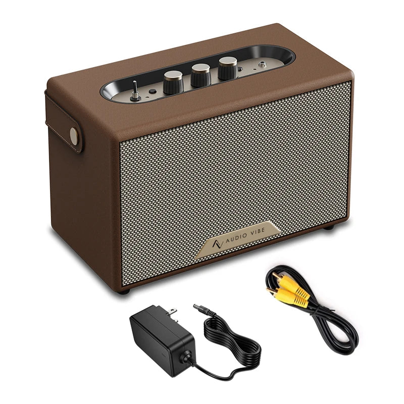 Brown product 60w retro wood speaker with textured grille and silver control knobs for vintage portable deep bass use