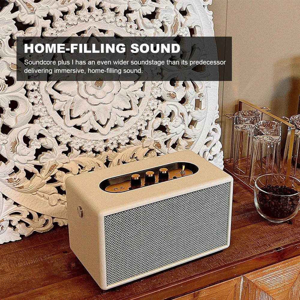Cream-colored retro wood speaker with textured gray grille and gold-tone knobs for vintage portable deep bass sound
