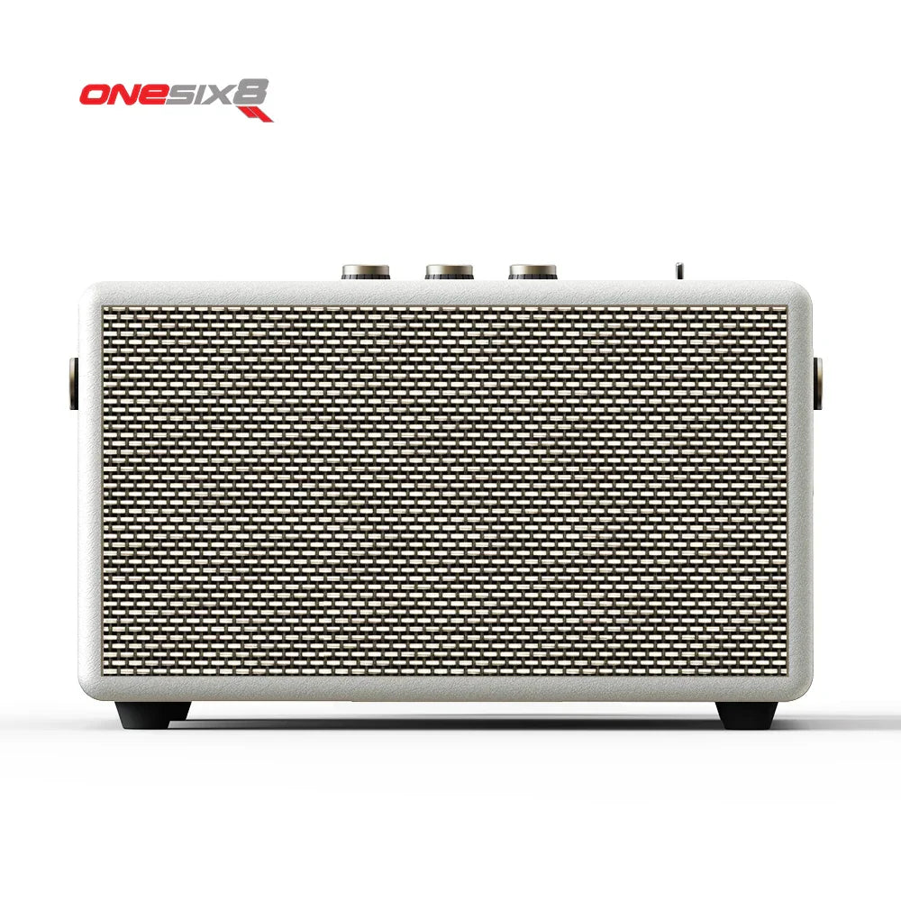 White onesix8 product 60w retro wood speaker with textured grille and metallic knobs vintage portable deep bass design