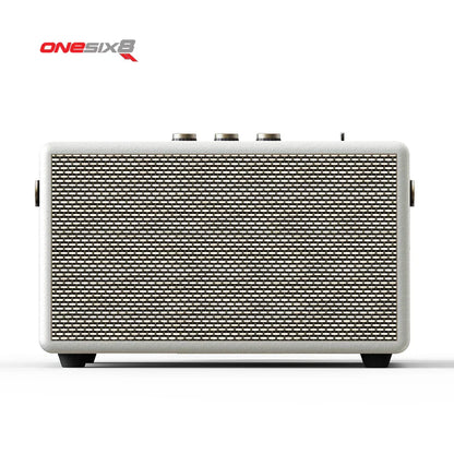 White onesix8 product 60w retro wood speaker with textured grille and metallic knobs vintage portable deep bass design