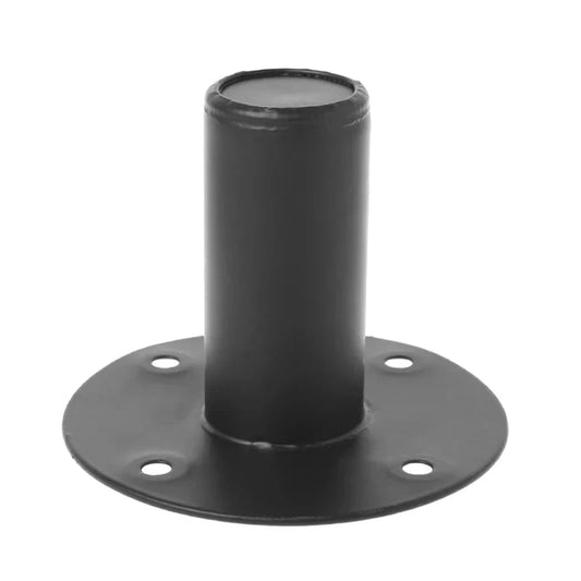 Black cylindrical professional metal stand floor anchor with flat base and four mounting holes for speaker iron lower use