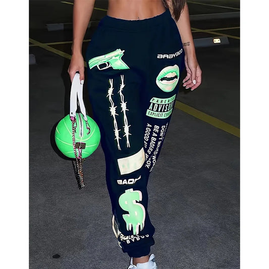 Black jogger trousers harajuku with neon green graphic prints and white barbed wire detailing high waist loose fit