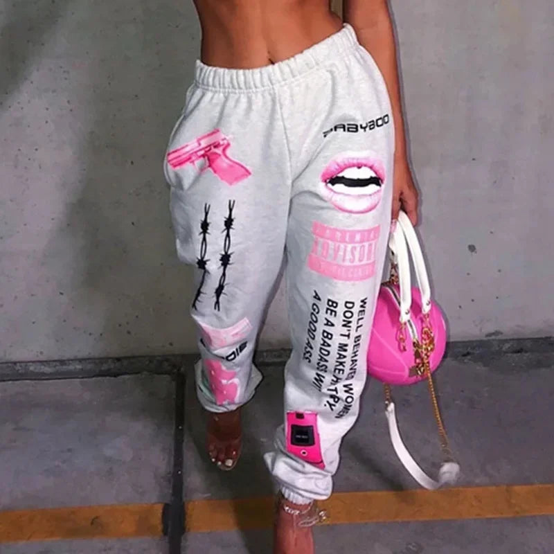 Light gray high waist loose jogger trousers harajuku with bold pink and black graphic sweatpants prints for women