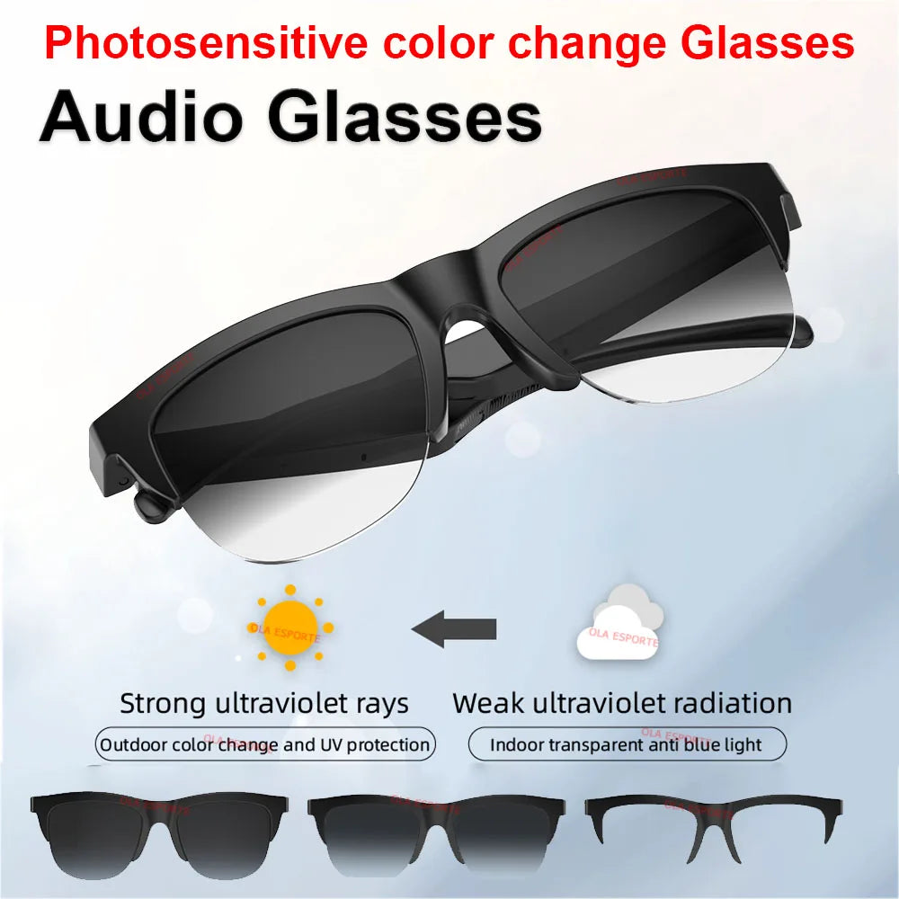 Black-framed photosensitive color change smart glasses bluetooth with photochromic lenses and polarized sunglasses headphone
