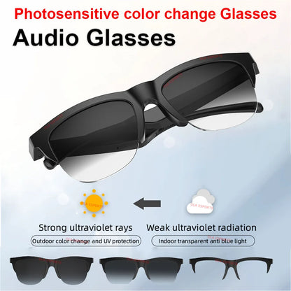 Black-framed photosensitive color change smart glasses bluetooth with photochromic lenses and polarized sunglasses headphone