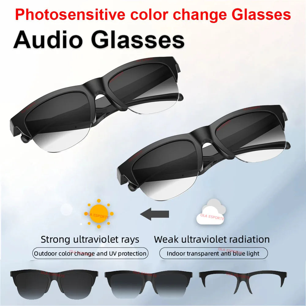 Black-framed 2025 photosensitive color change smart glasses bluetooth with gradient polarized sunglasses headphone lenses