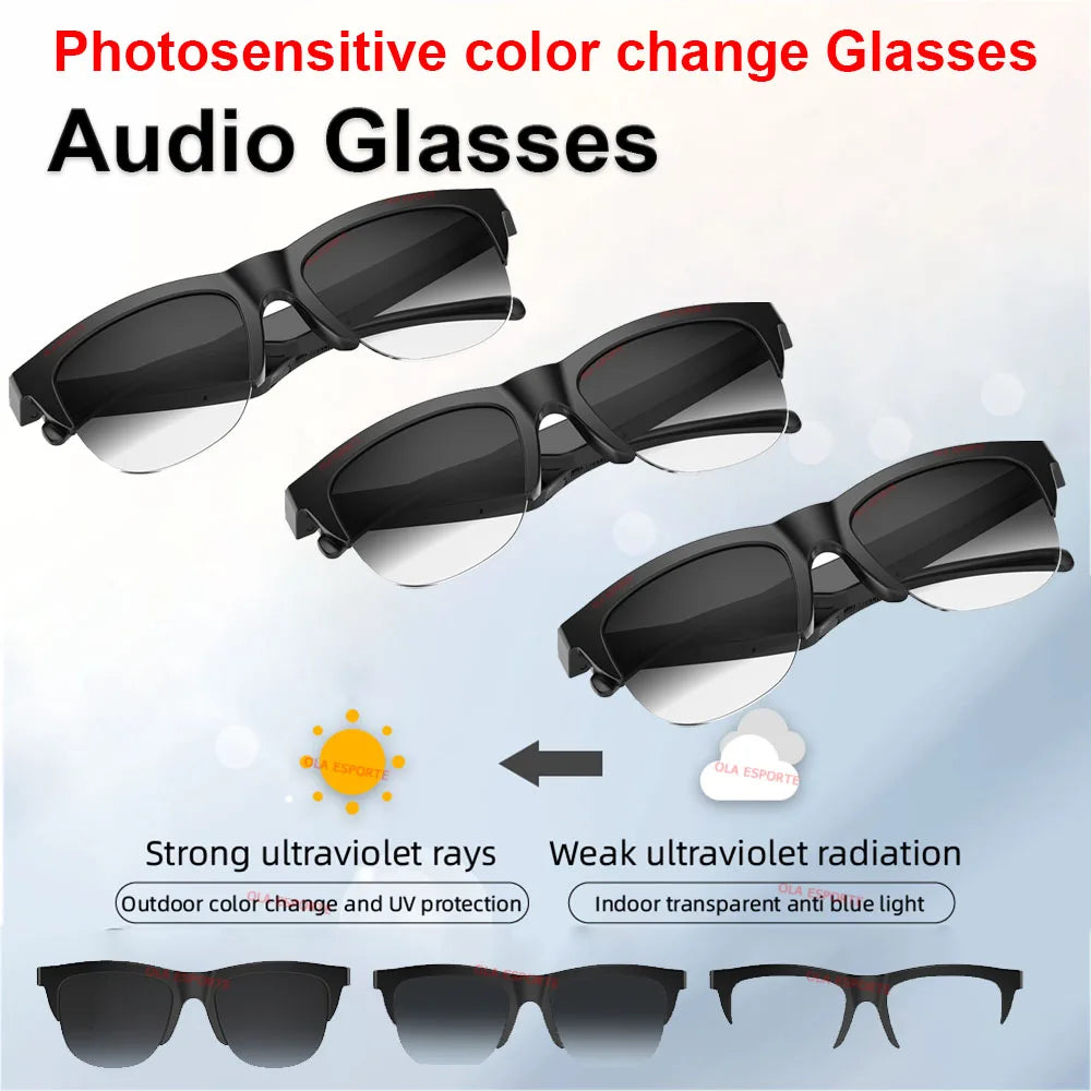 Black-framed photosensitive color change smart glasses bluetooth with gradient lenses and polarized sunglasses headphone features