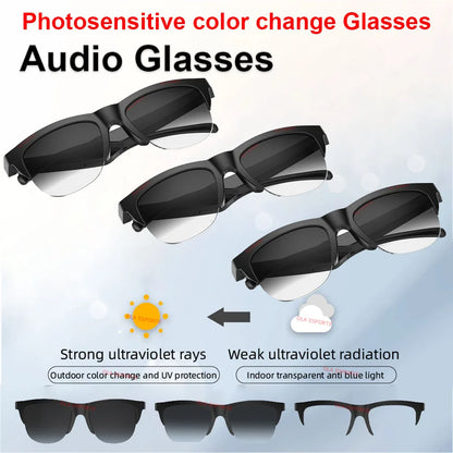 Black-framed photosensitive color change smart glasses bluetooth with gradient lenses and polarized sunglasses headphone features