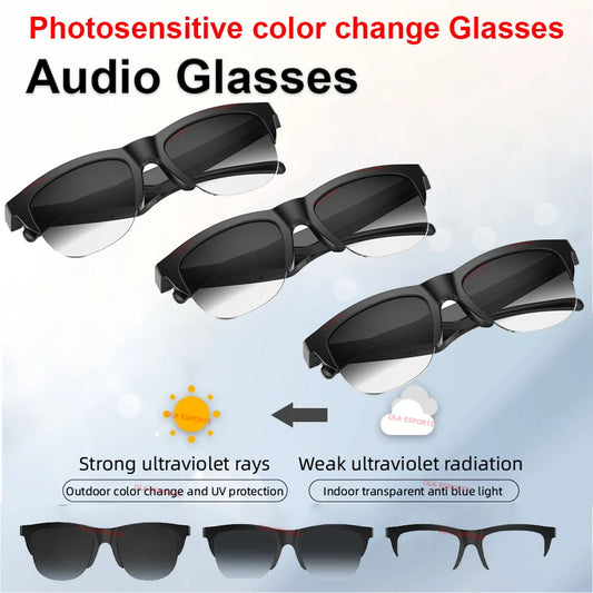 Black-framed photosensitive color change smart glasses bluetooth with gradient lenses and polarized sunglasses headphone features
