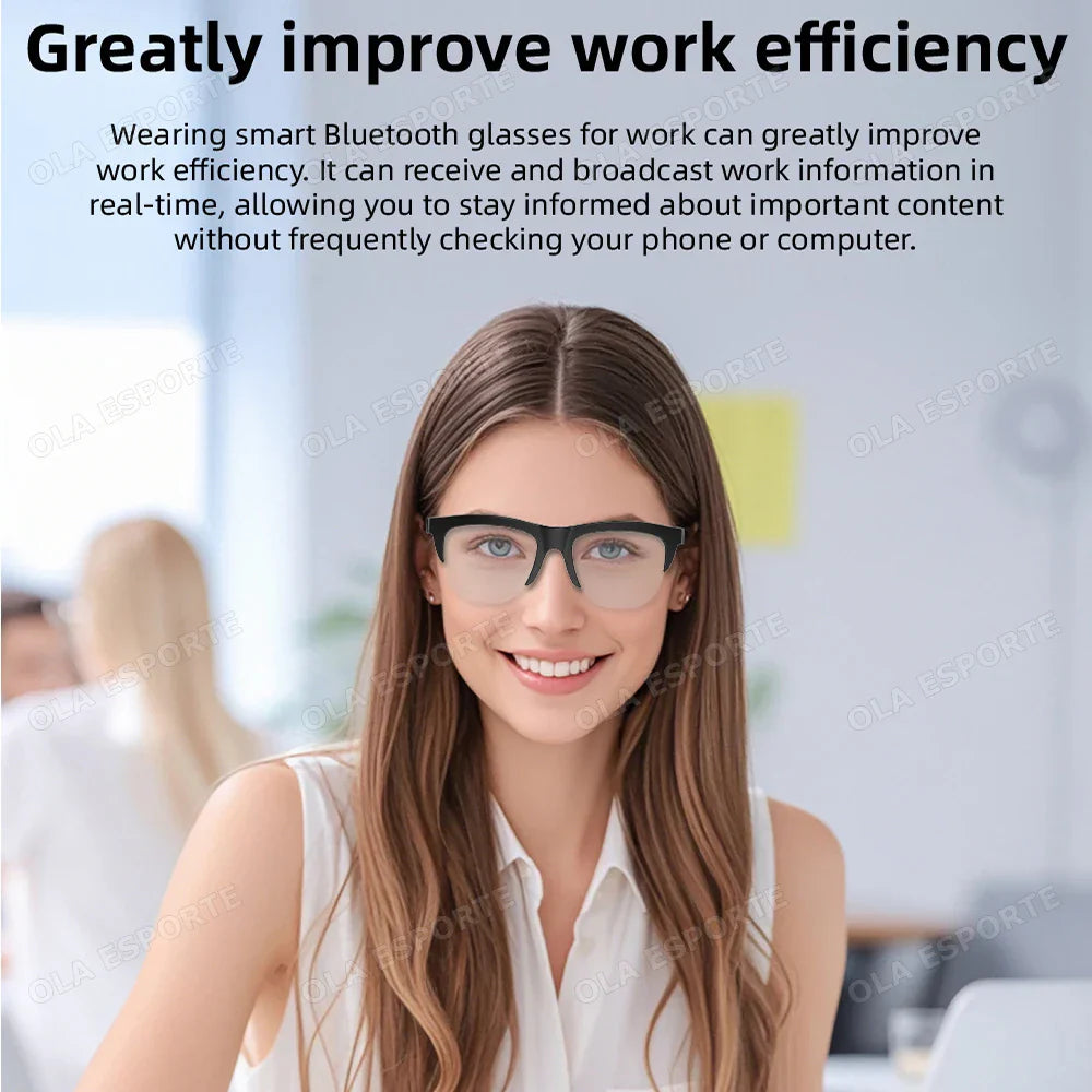 Black-framed smart glasses bluetooth with transparent lenses featuring photosensitive color change and polarized sunglasses headphone functions