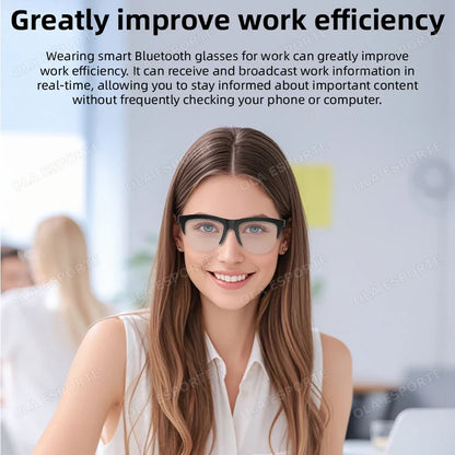 Black-framed smart glasses bluetooth with transparent lenses featuring photosensitive color change and polarized sunglasses headphone functions