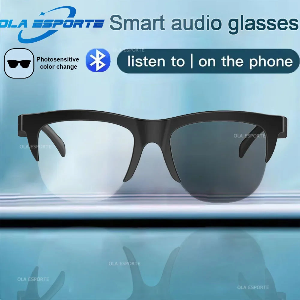 Black-framed photosensitive color change smart glasses bluetooth with photochromic polarized sunglasses headphone design