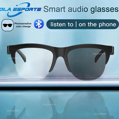 Black-framed photosensitive color change smart glasses bluetooth with photochromic polarized sunglasses headphone design