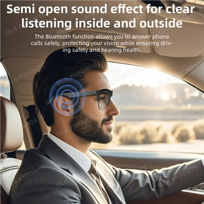 Black-framed smart glasses bluetooth with photosensitive color change and polarized sunglasses headphone for safe calls