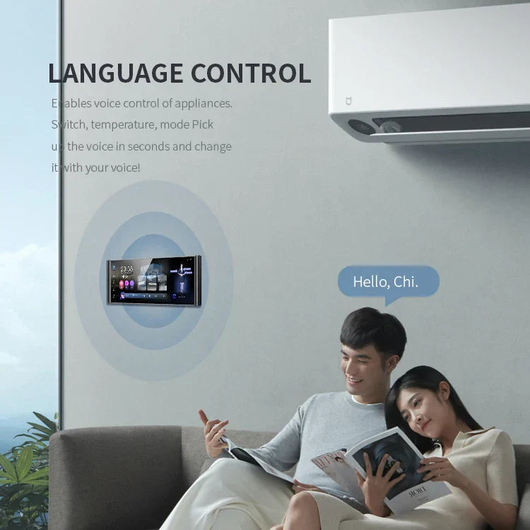 White rectangular wall-mounted air conditioner with sleek design and background music feature for smart home control panel