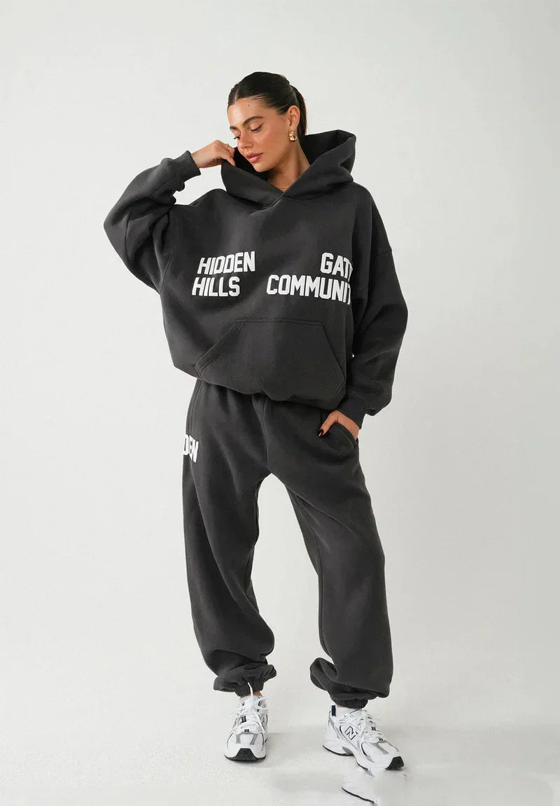 Black oversized hoodie with white hidden hills community text, autumn trendy brand casual versatile coat printed hoodie set