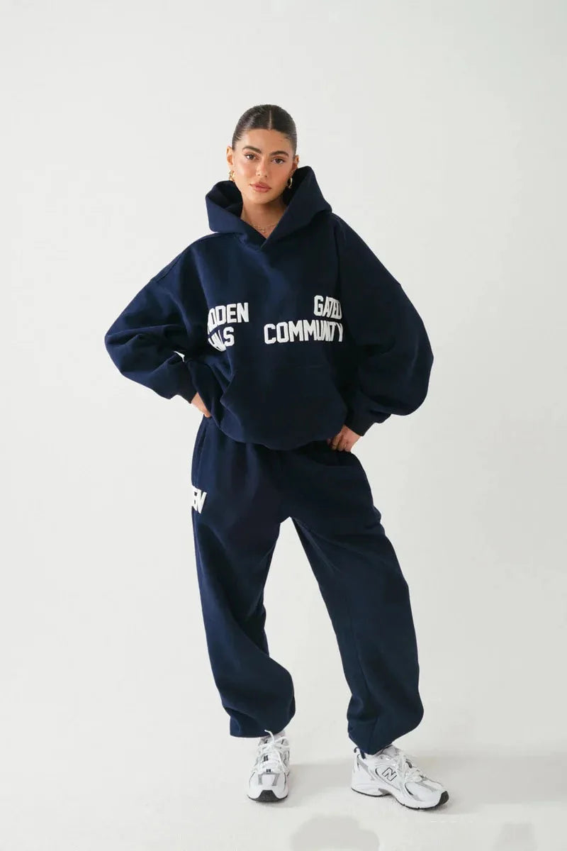 Navy blue printed hoodie set with white lettering long sleeve casual versatile coat for autumn trendy brand fashion