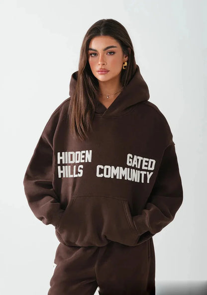 Brown oversized hoodie with white hidden hills gated community text in autumn trendy brand printed hoodie set casual versatile coat